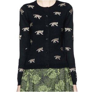 Alice + Olivia Sheila Bengal Cat Tiger Cardigan Sweater Embroidered Black Wool S